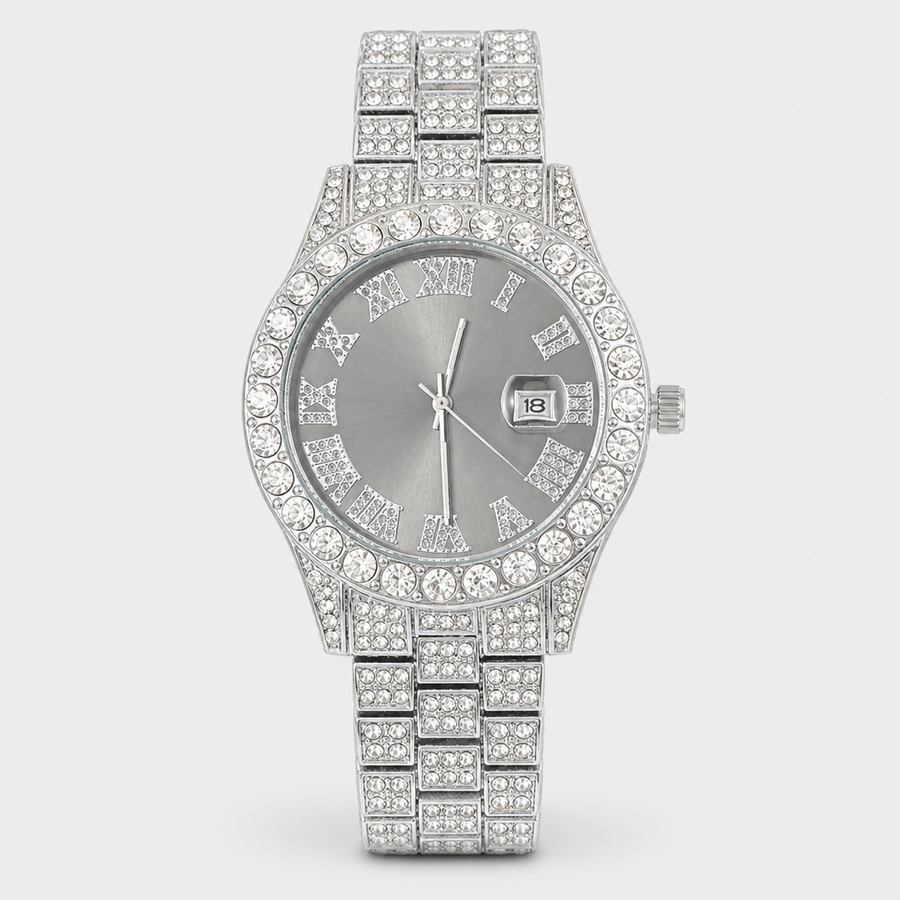 Silver-tone watch with light black Roman-numeral dial, three-quarter view