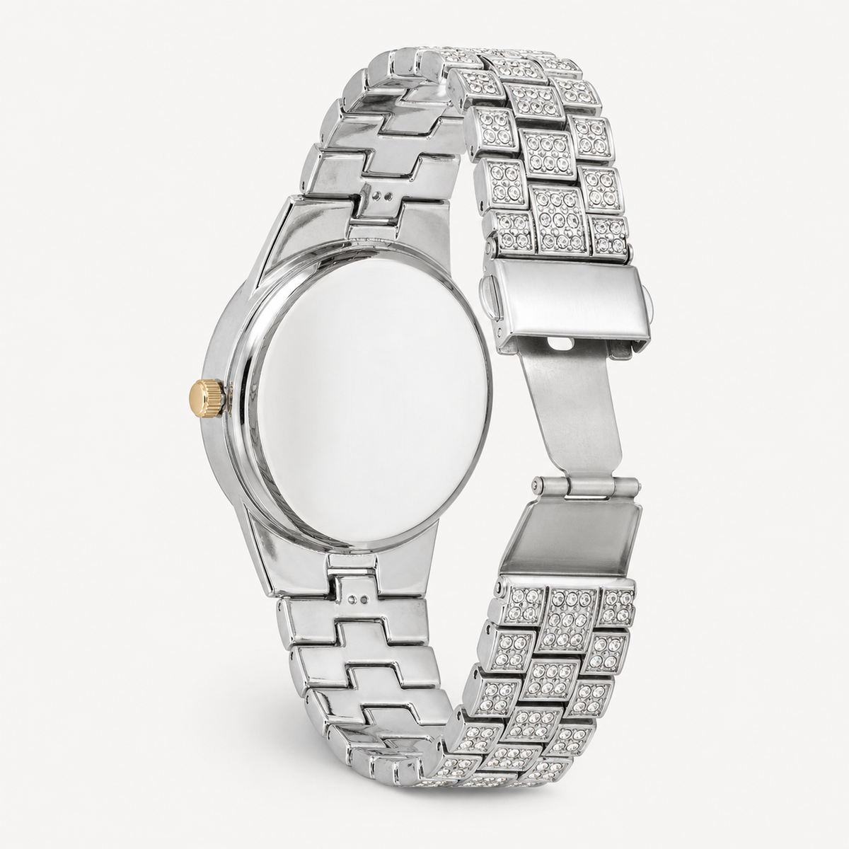 Open clasp and rear case of the silver-tone crystal-set watch
