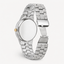 Open clasp and rear case of the silver-tone crystal-set watch