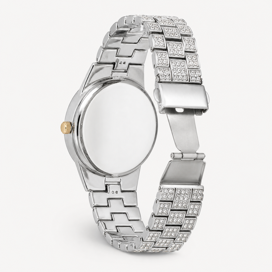 Open clasp and rear case of the silver-tone crystal-set watch