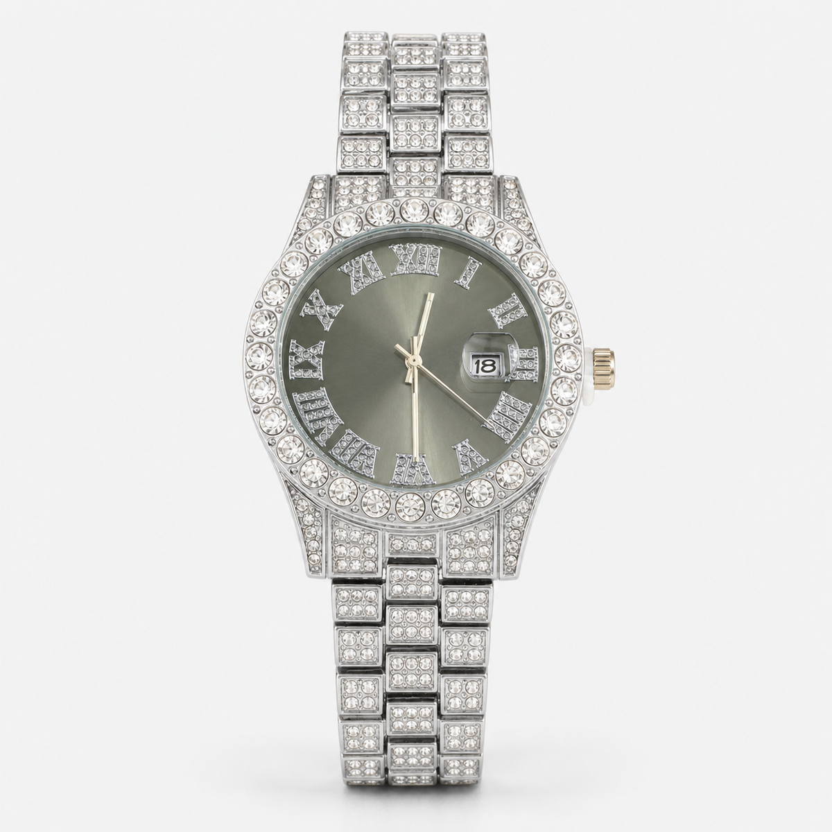 Silver-tone watch with light black Roman-numeral dial, straight-on dial and bracelet view