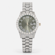 Silver-tone watch with light black Roman-numeral dial, straight-on dial and bracelet view