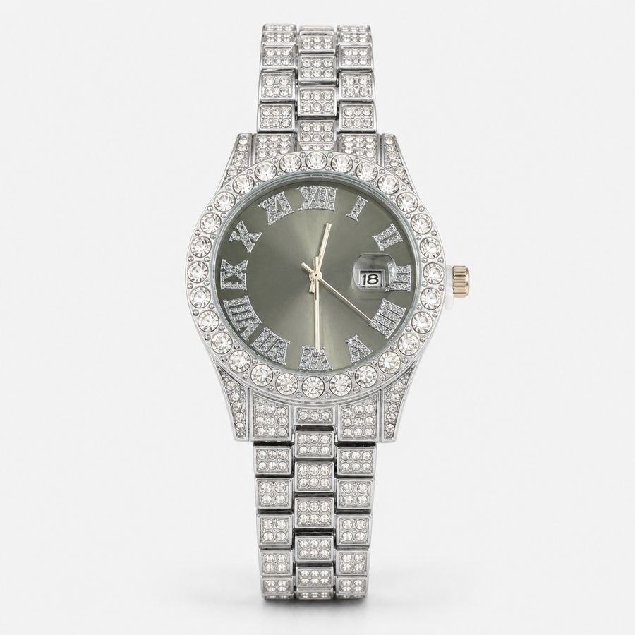 Silver-tone watch with light black Roman-numeral dial, straight-on dial and bracelet view