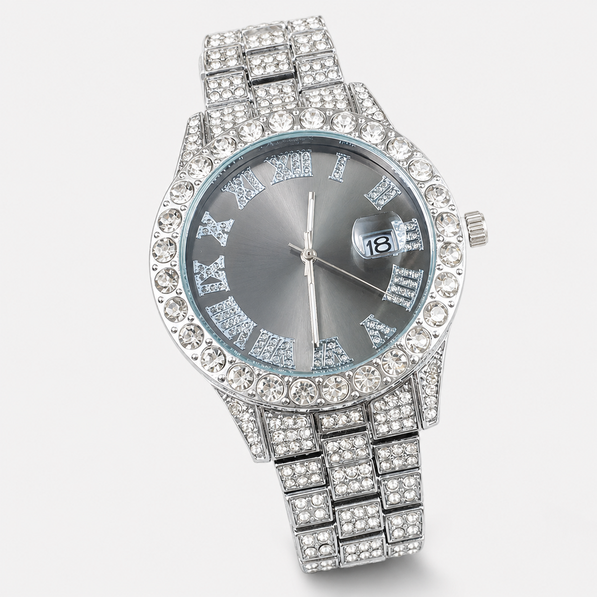 Silver-tone watch with light black Roman-numeral dial, close front view