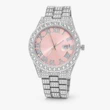 Silver-tone watch with pink Roman-numeral dial and crystal-set bracelet, front view