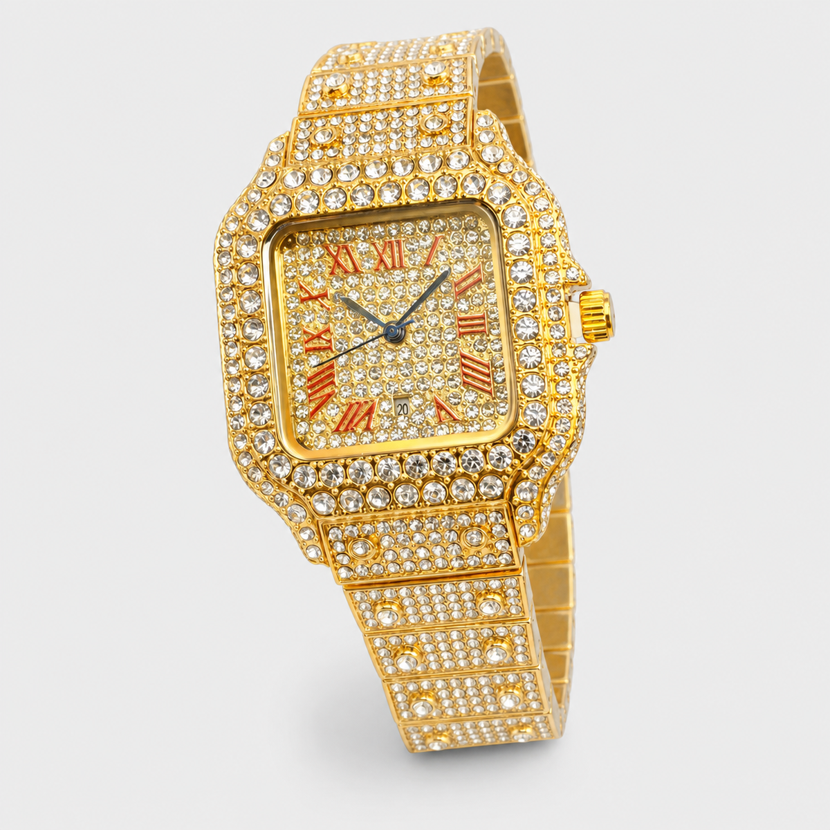 Gold-tone tonneau watch with red Roman-numeral dial, front view