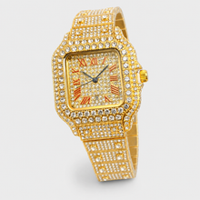 Gold-tone tonneau watch with red Roman-numeral dial, front view
