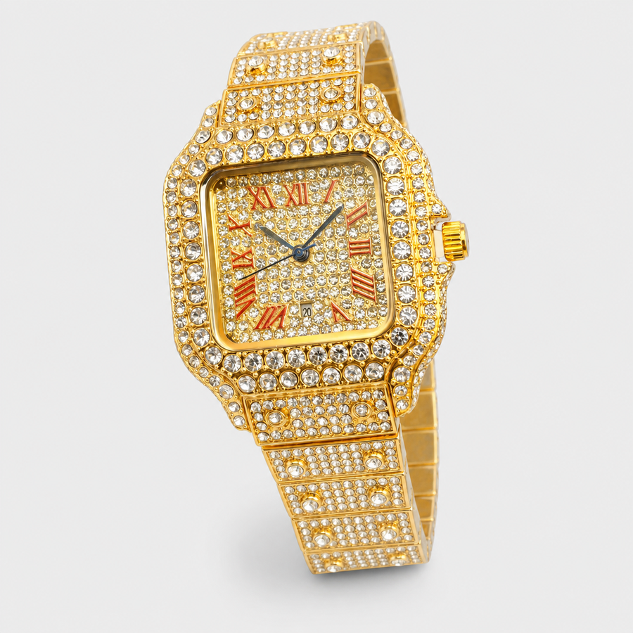 Gold-tone tonneau watch with red Roman-numeral dial, front view