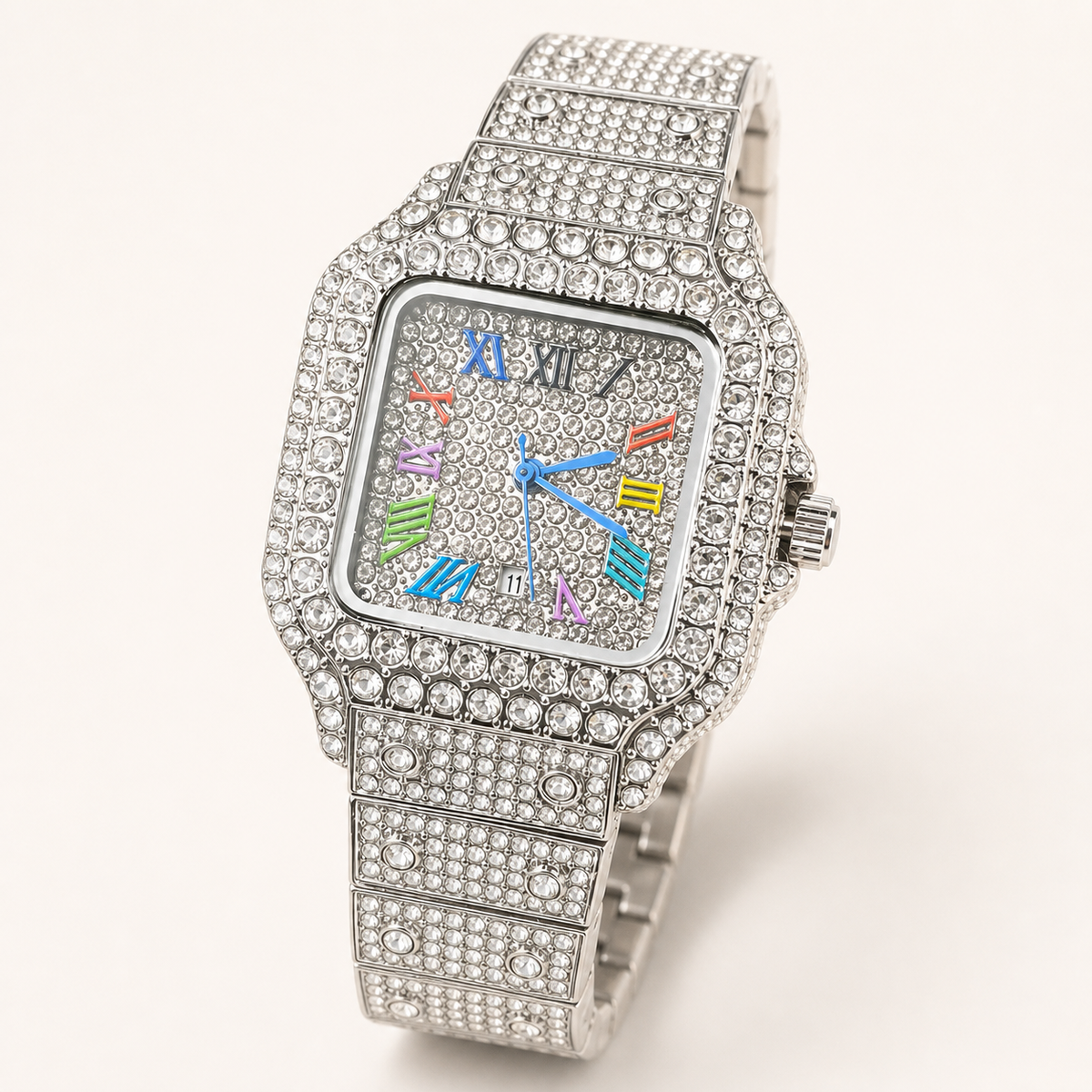 Silver-tone tonneau watch with multicolour Roman-numeral dial, front view