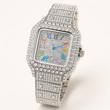 Silver-tone tonneau watch with multicolour Roman-numeral dial, front view