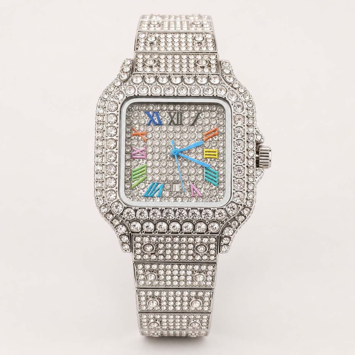 Silver-tone tonneau watch with multicolour Roman-numeral dial, three-quarter view