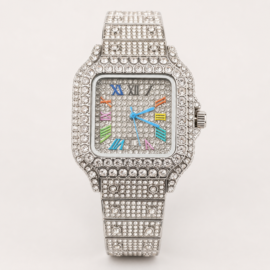 Silver-tone tonneau watch with multicolour Roman-numeral dial, three-quarter view
