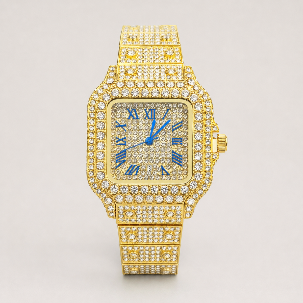 Gold-tone tonneau watch with blue Roman-numeral dial, front view