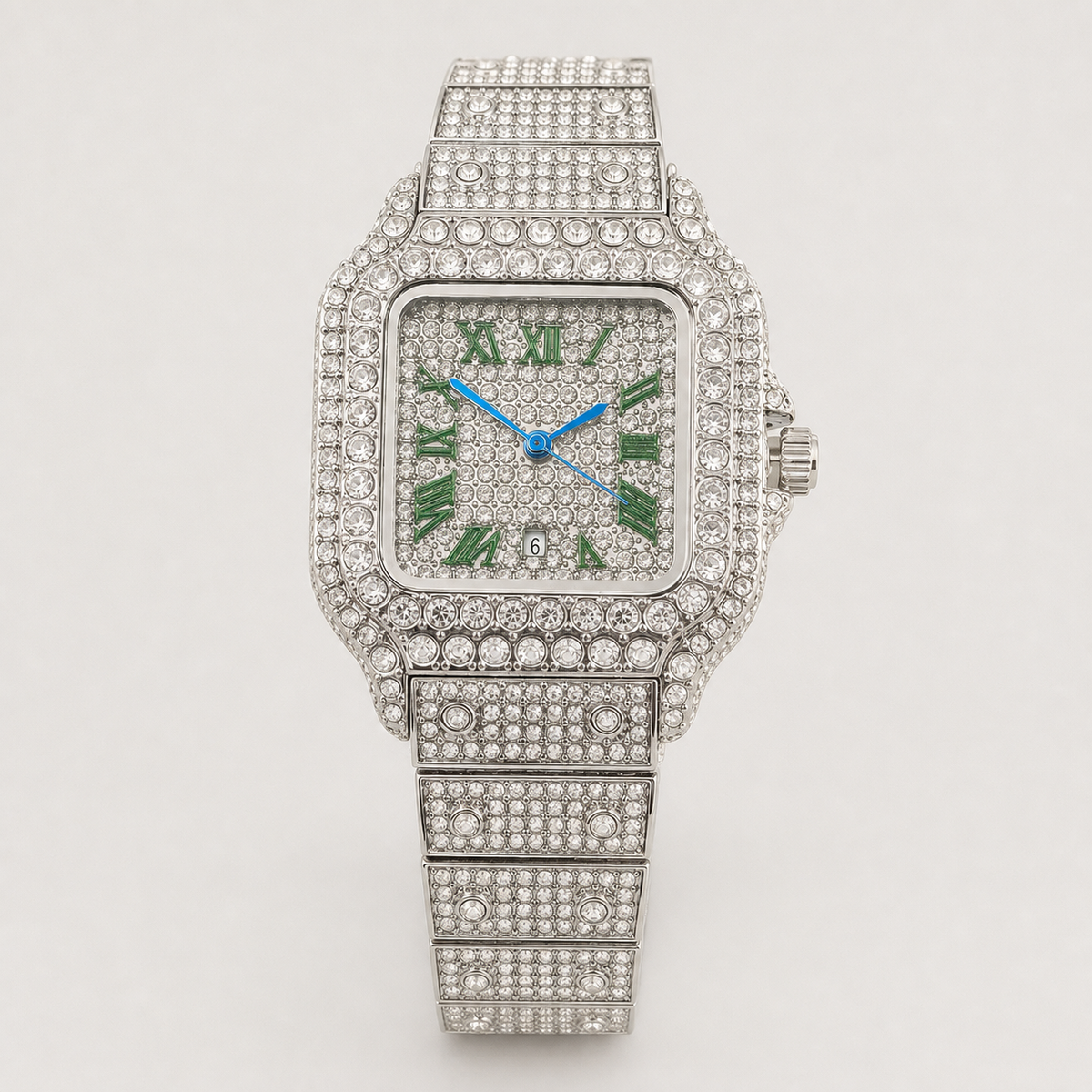 Silver-tone tonneau watch with green Roman-numeral dial, front view