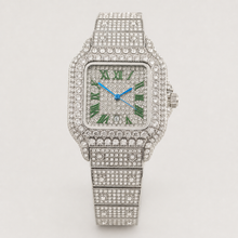 Silver-tone tonneau watch with green Roman-numeral dial, front view