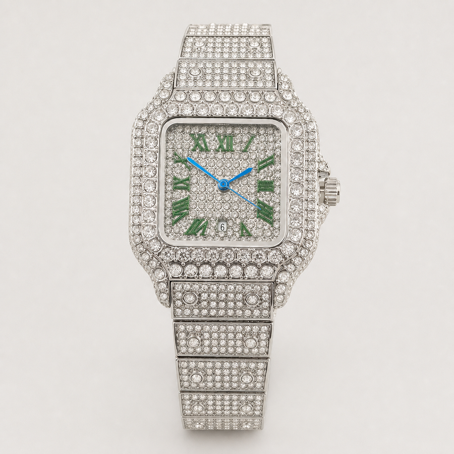 Silver-tone tonneau watch with green Roman-numeral dial, front view