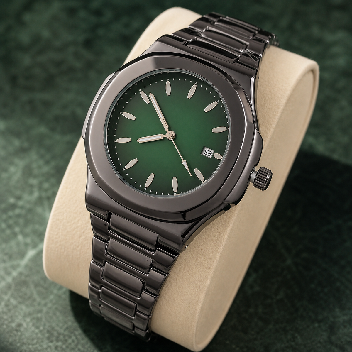 Montre à boîtier coussin gunmetal, cadran vert et bracelet sombre