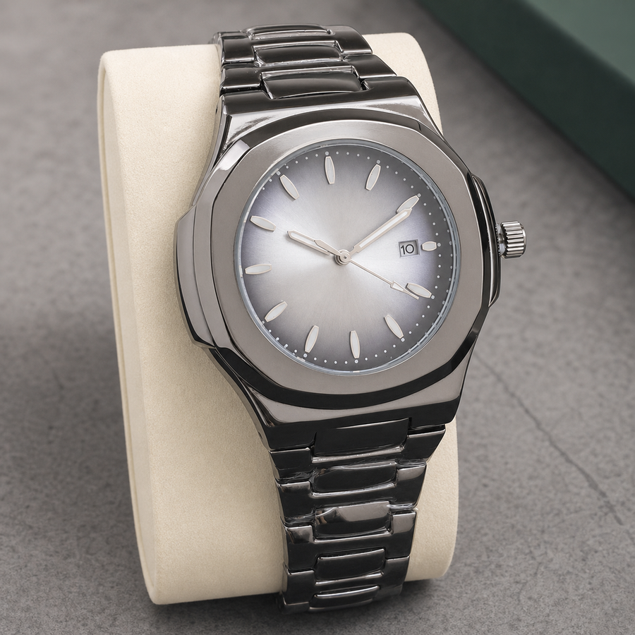 Montre à boîtier coussin gunmetal, cadran gris et bracelet sombre