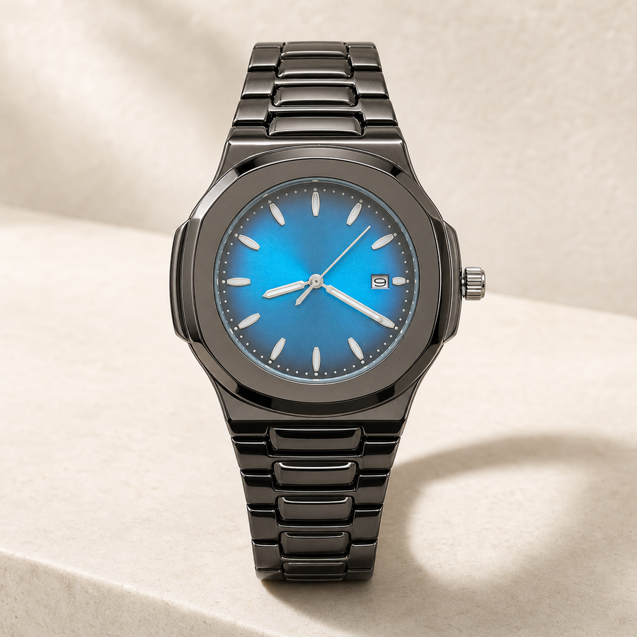 Montre à boîtier coussin gunmetal, cadran turquoise et bracelet sombre