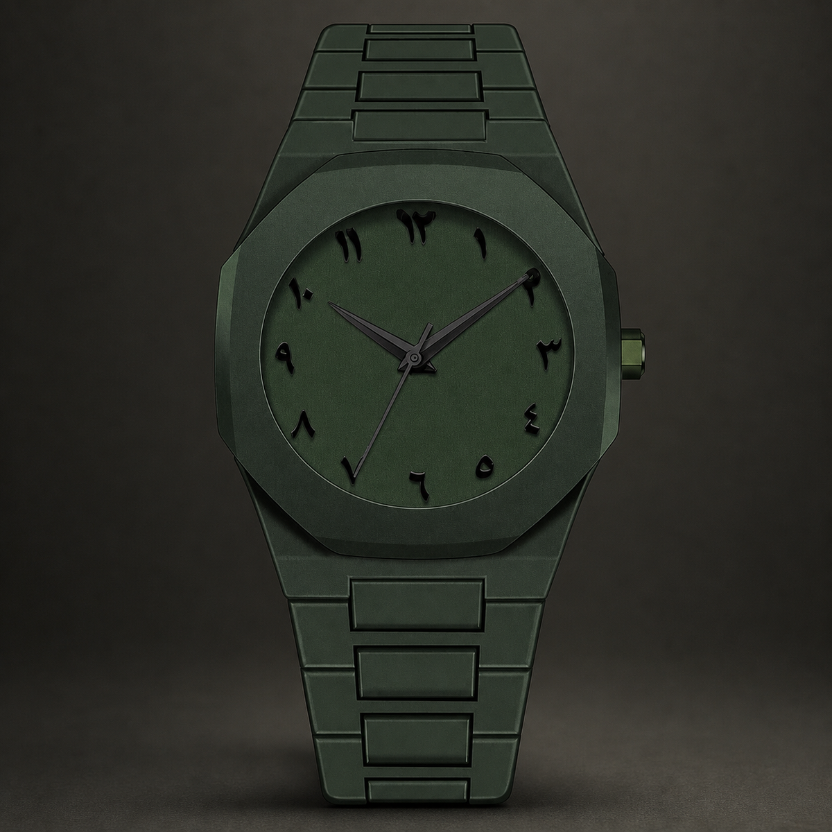 Dark green integrated-bracelet watch with Arabic-Indic numeral dial, front view