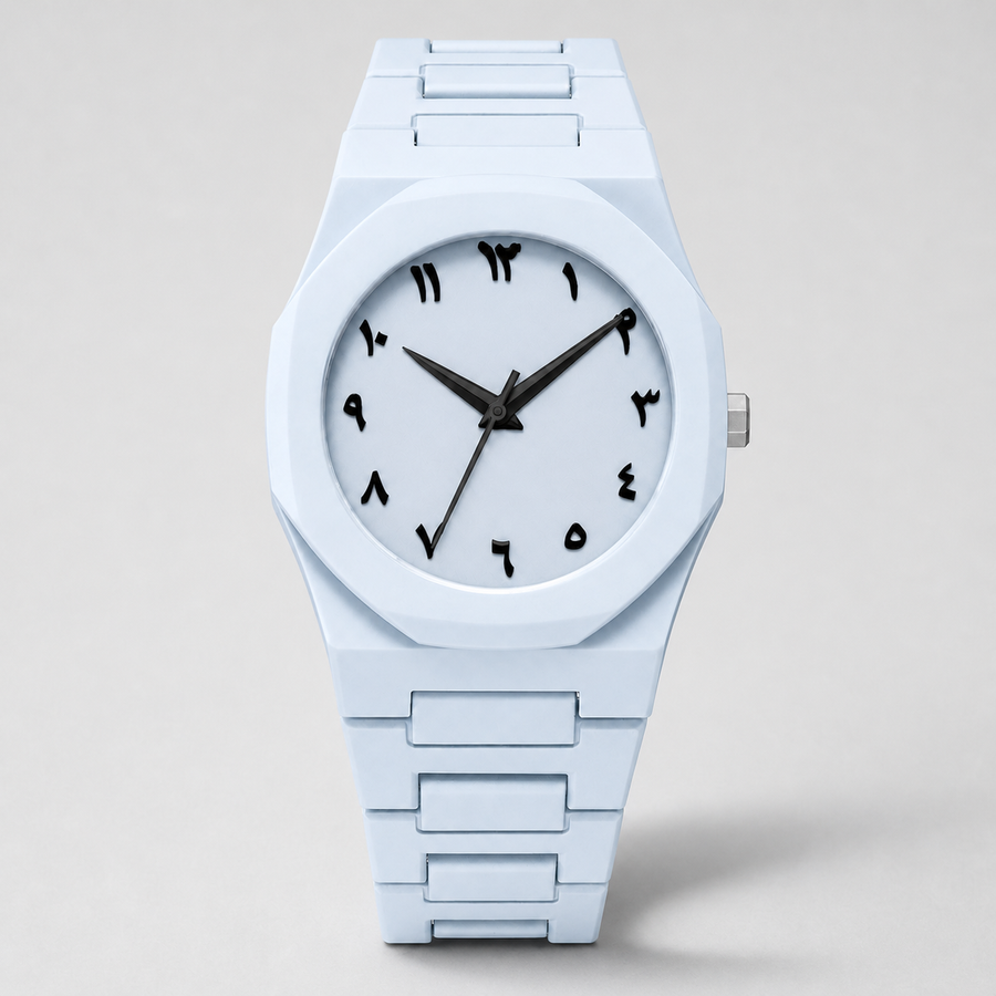 White integrated-bracelet watch with Arabic-Indic numeral dial, front view