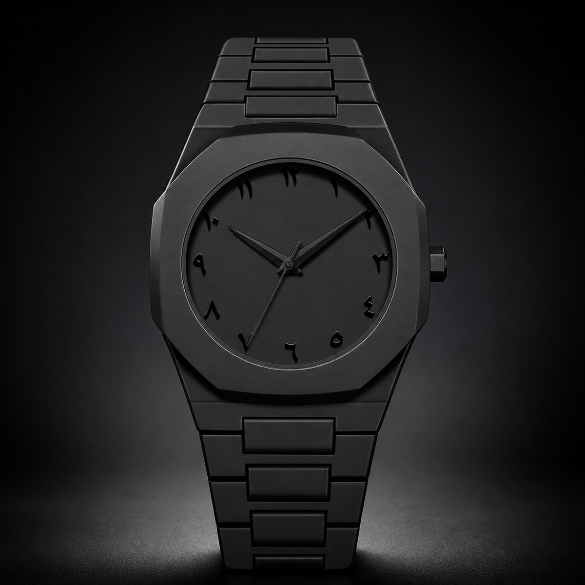 Black integrated-bracelet watch with Arabic-Indic numeral dial, front view