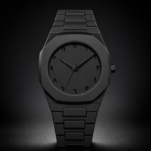 Black integrated-bracelet watch with Arabic-Indic numeral dial, front view