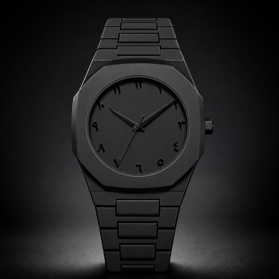 Black integrated-bracelet watch with Arabic-Indic numeral dial, front view