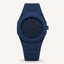 Navy blue integrated-bracelet watch with Arabic-Indic numeral dial, front view