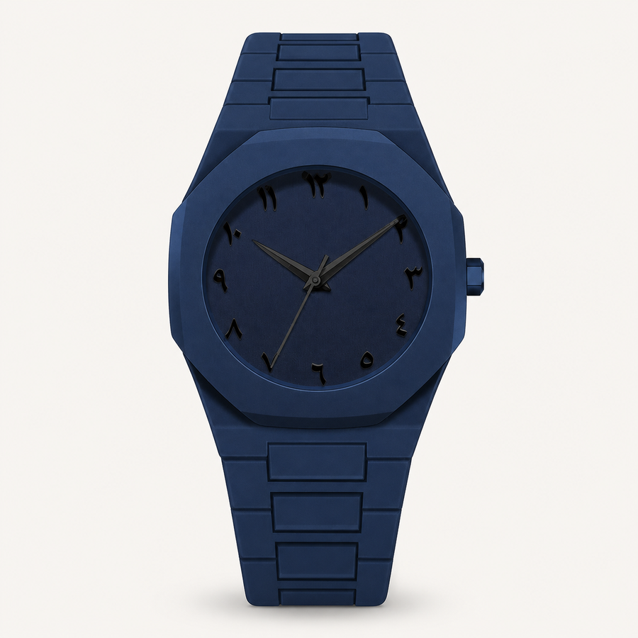 Navy blue integrated-bracelet watch with Arabic-Indic numeral dial, front view