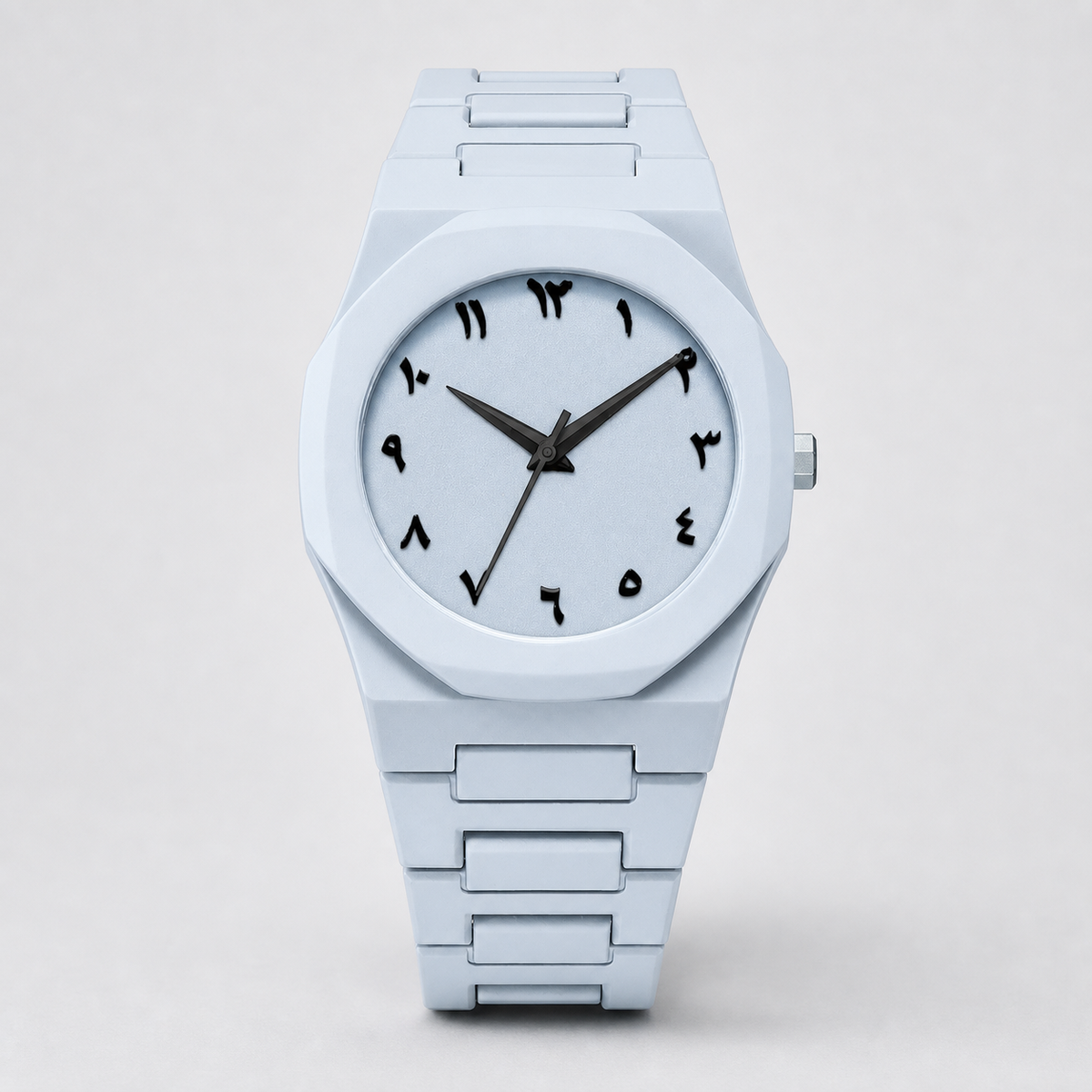Light blue integrated-bracelet watch with Arabic-Indic numeral dial, front view