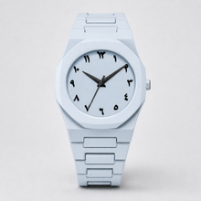 Light blue integrated-bracelet watch with Arabic-Indic numeral dial, front view