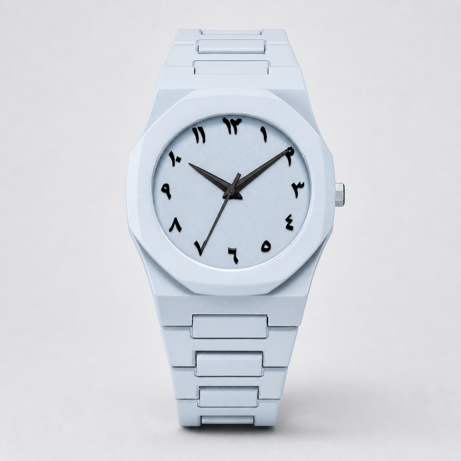 Light blue integrated-bracelet watch with Arabic-Indic numeral dial, front view