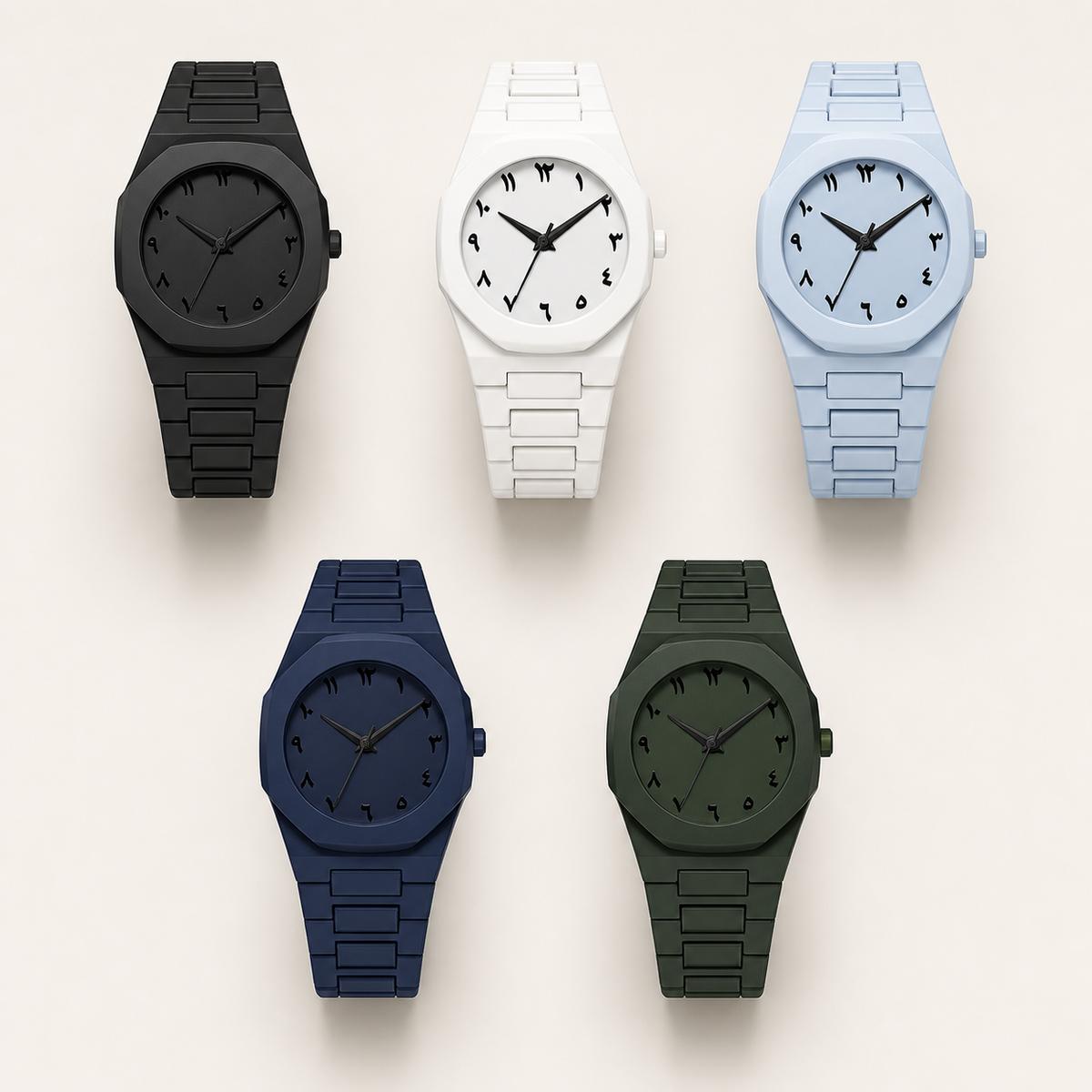 Five integrated-bracelet watches with Arabic-Indic numeral dials in black, white, blue, light blue and dark green
