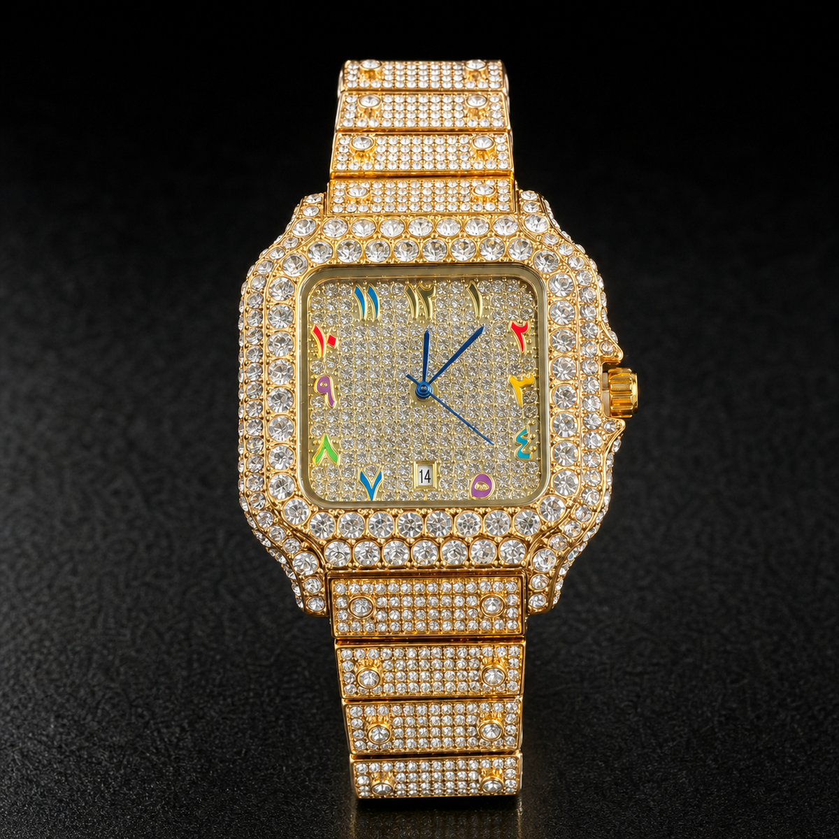 Gold-tone crystal-set square watch with multicolour numeral markers and date window, front view