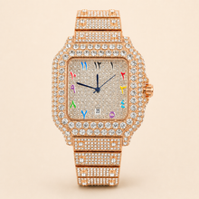 Rose-gold-tone crystal-set square watch with multicolour numeral markers and date window, front view