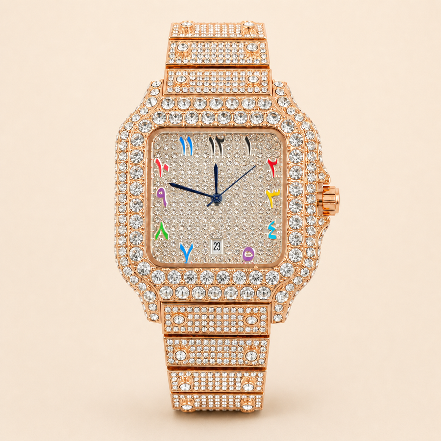 Rose-gold-tone crystal-set square watch with multicolour numeral markers and date window, front view