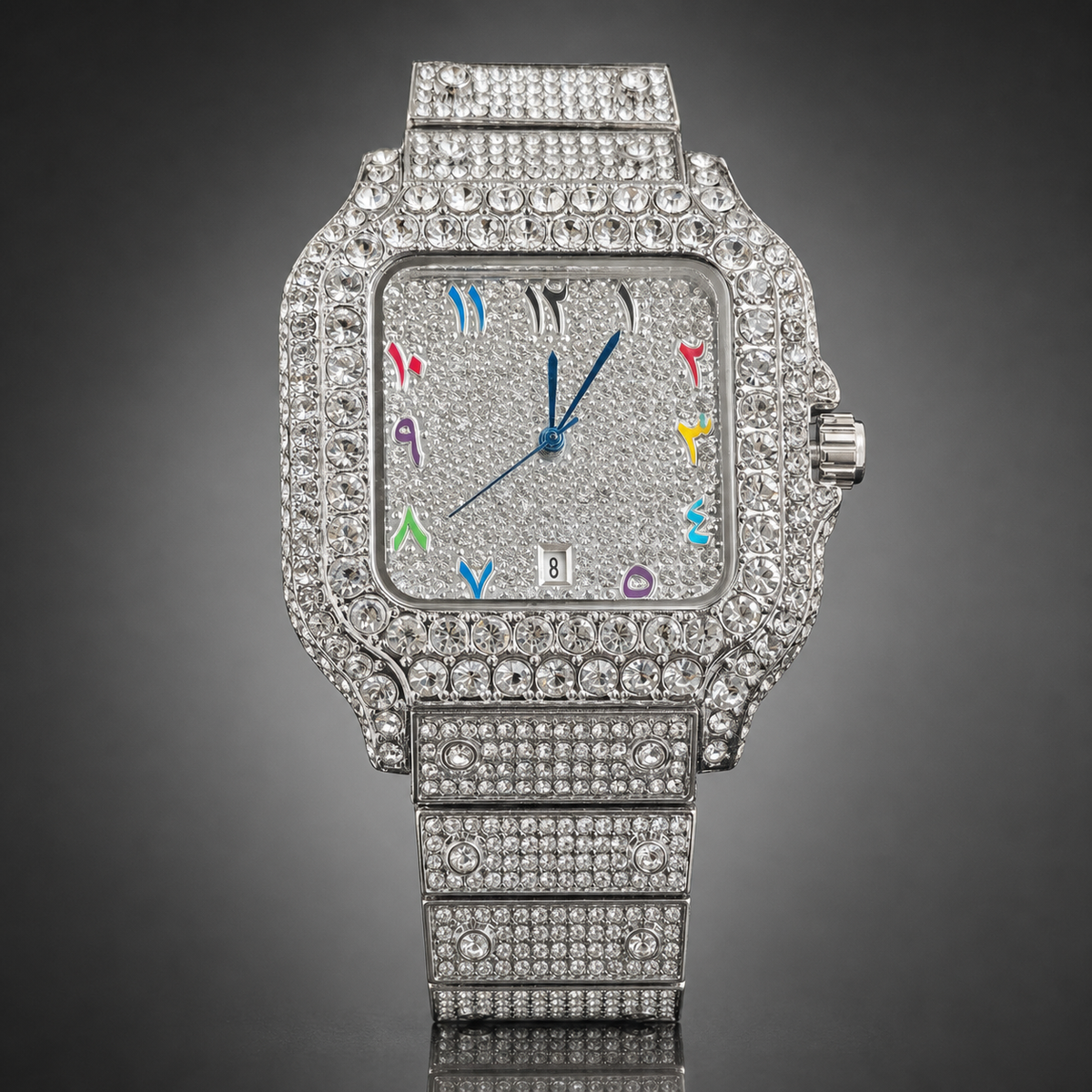 Silver-tone crystal-set square watch with multicolour numeral markers and date window, front view