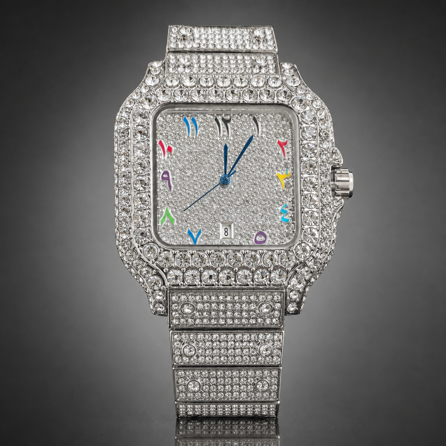 Silver-tone crystal-set square watch with multicolour numeral markers and date window, front view