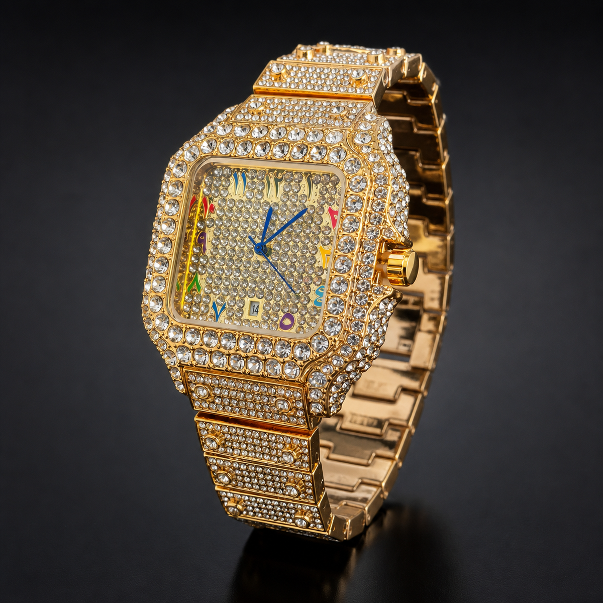 Gold-tone crystal-set square watch with multicolour numeral markers, three-quarter front view