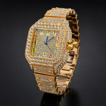Gold-tone crystal-set square watch with multicolour numeral markers, three-quarter front view