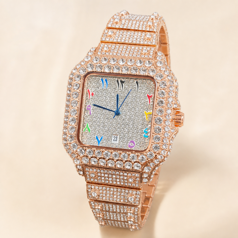 Rose-gold-tone crystal-set square watch with multicolour numeral markers, three-quarter front view