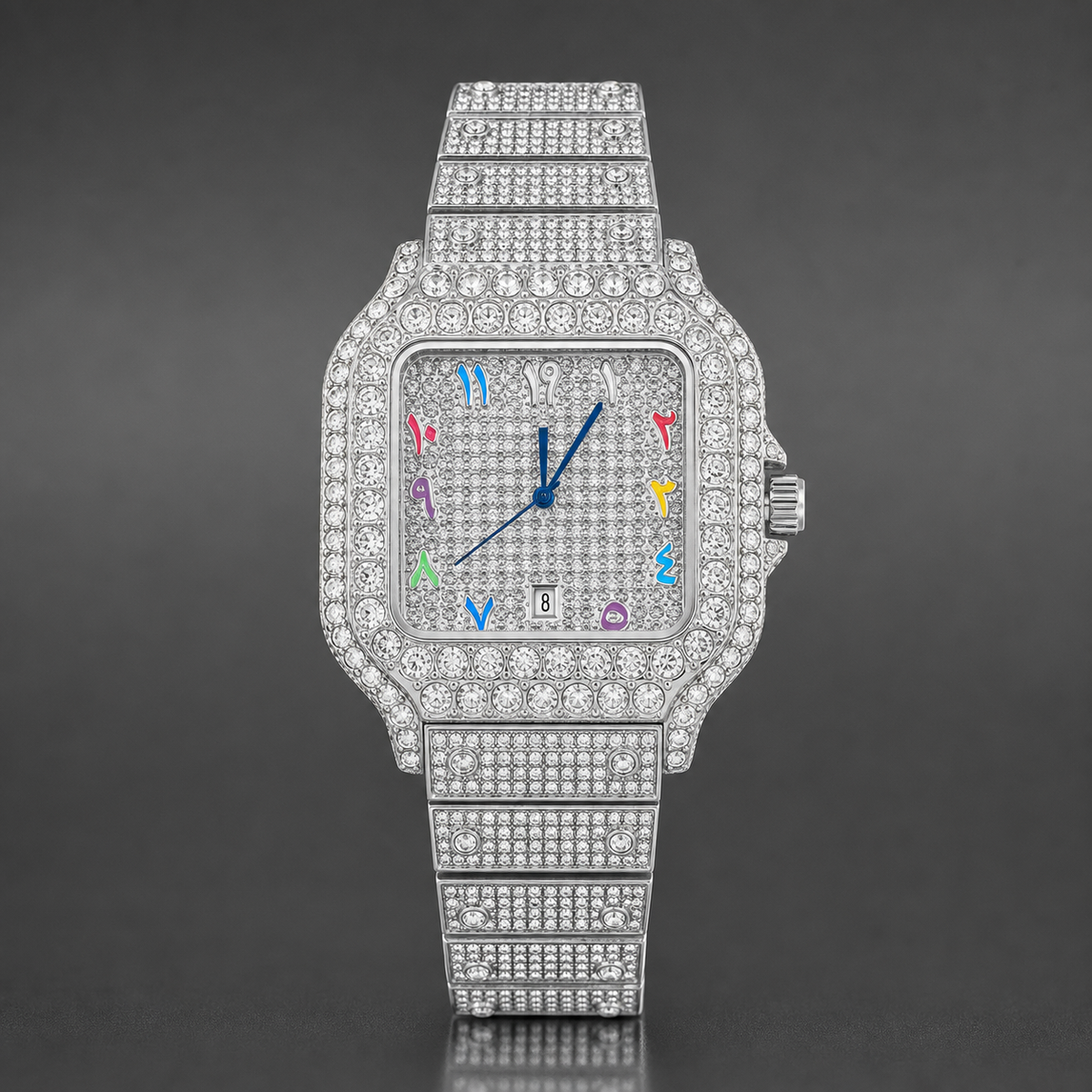 Silver-tone crystal-set square watch with multicolour numeral markers, frontal detail view