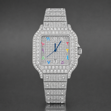 Silver-tone crystal-set square watch with multicolour numeral markers, frontal detail view