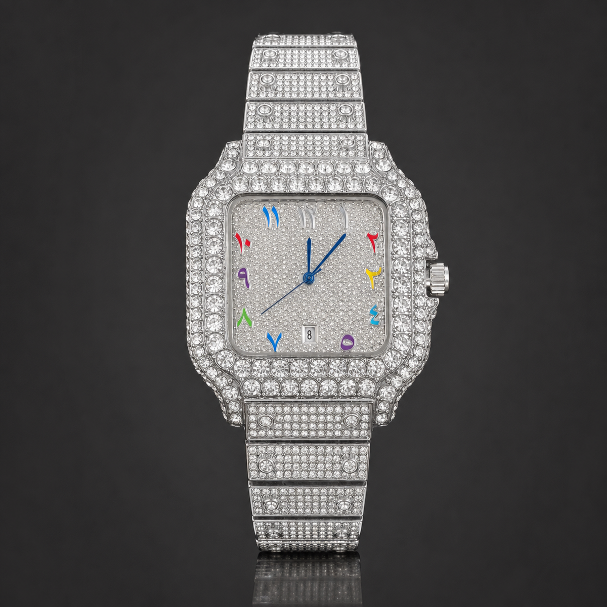 Silver-tone crystal-set square watch with multicolour numeral markers and full bracelet, front view