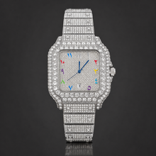 Silver-tone crystal-set square watch with multicolour numeral markers and full bracelet, front view