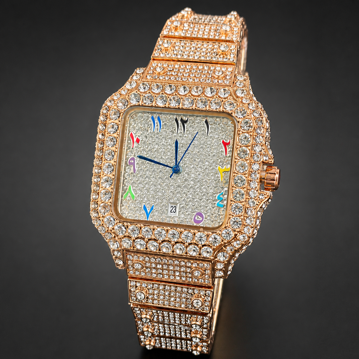Rose-gold-tone crystal-set square watch with multicolour numeral markers, angled front view