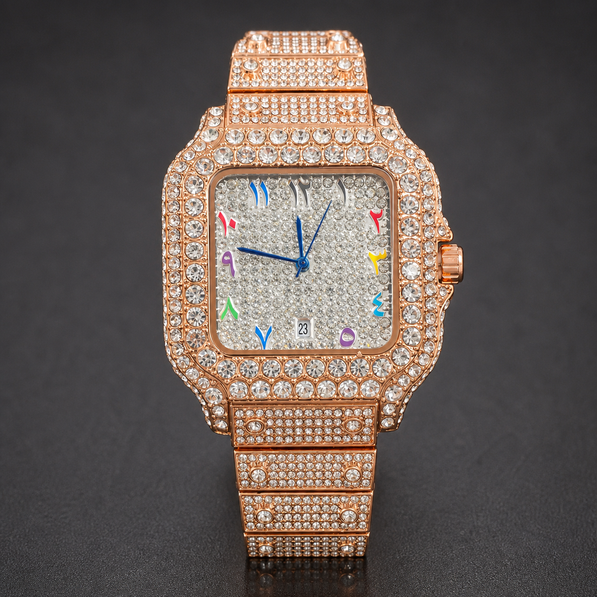 Rose-gold-tone crystal-set square watch with multicolour numeral markers and date window, straight front view