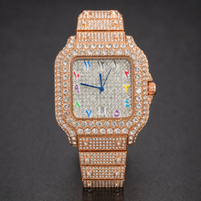 Rose-gold-tone crystal-set square watch with multicolour numeral markers and date window, straight front view