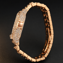Rose-gold-tone crystal-set square watch with crystal-set case, side profile and bracelet view